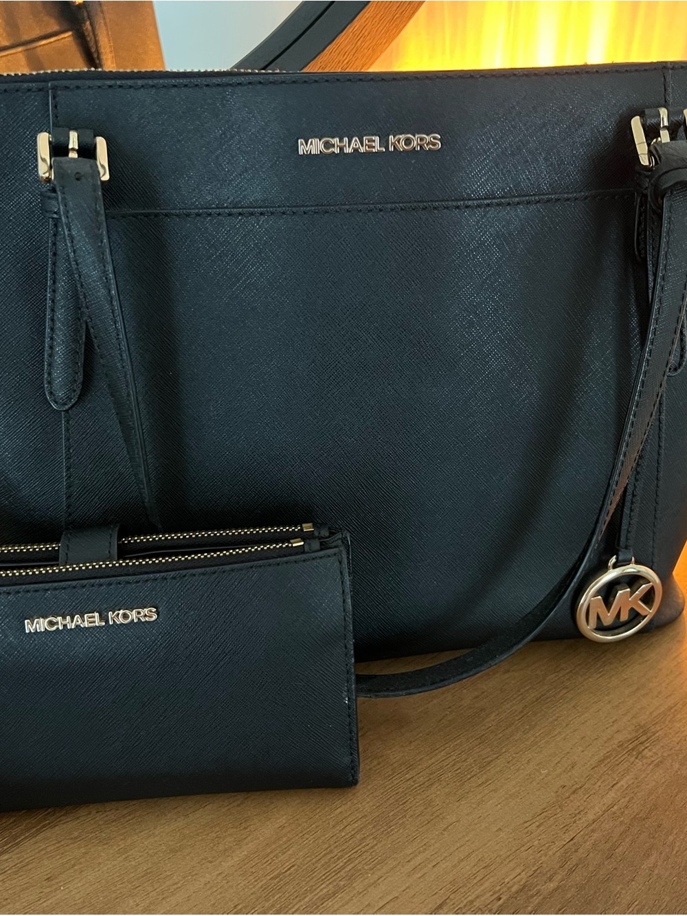 Michael Kors Black Tote with Matching Wallet and Gold Accents